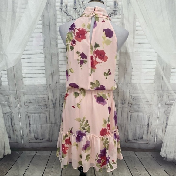 Ralph Lauren Size 10 Pink Floral Chiffon Sleeveless Dress Ties Neck Fit & Flare - Picture 10 of 12